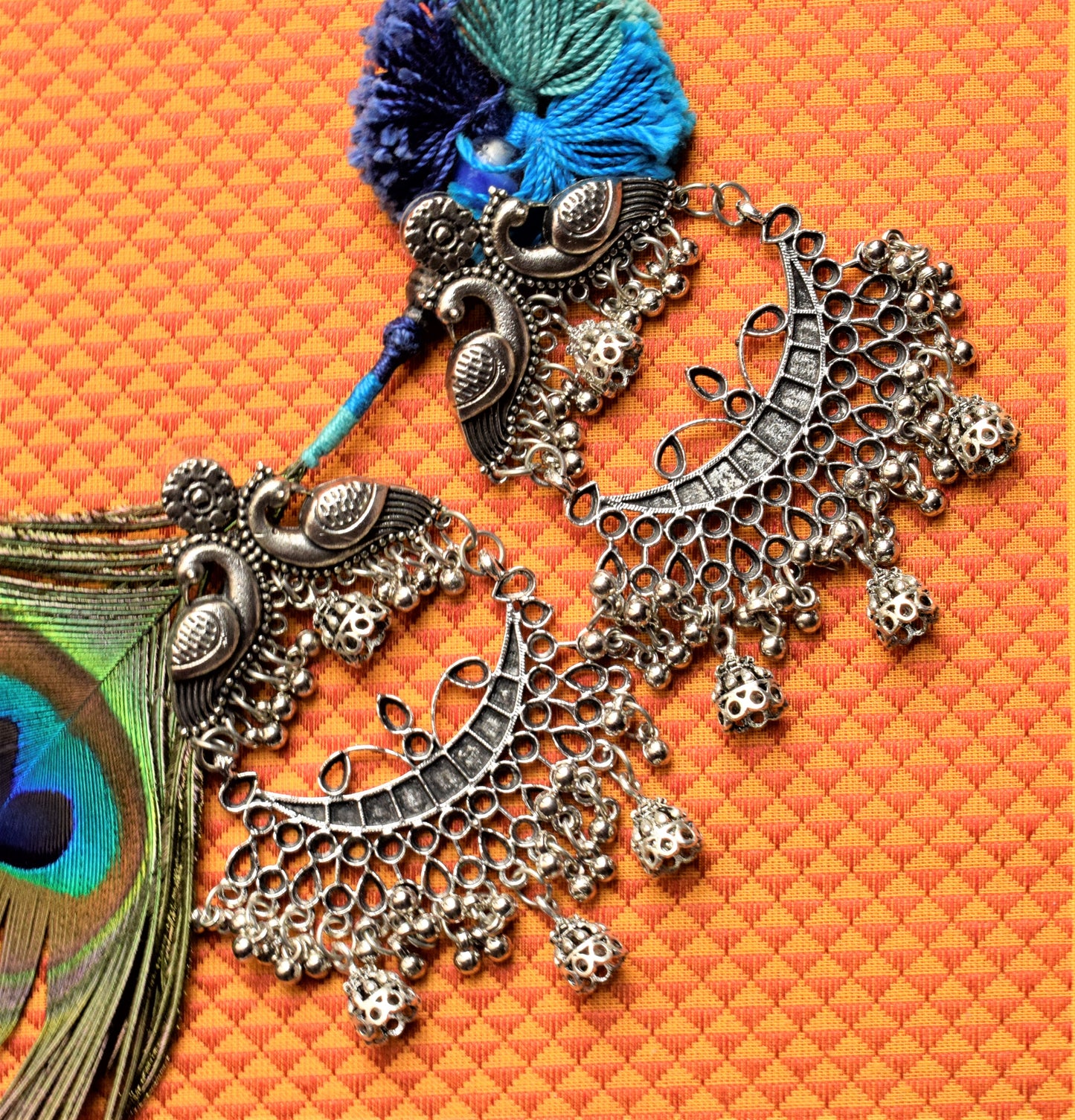 Large German Silver and Golden Peacock Chandbali