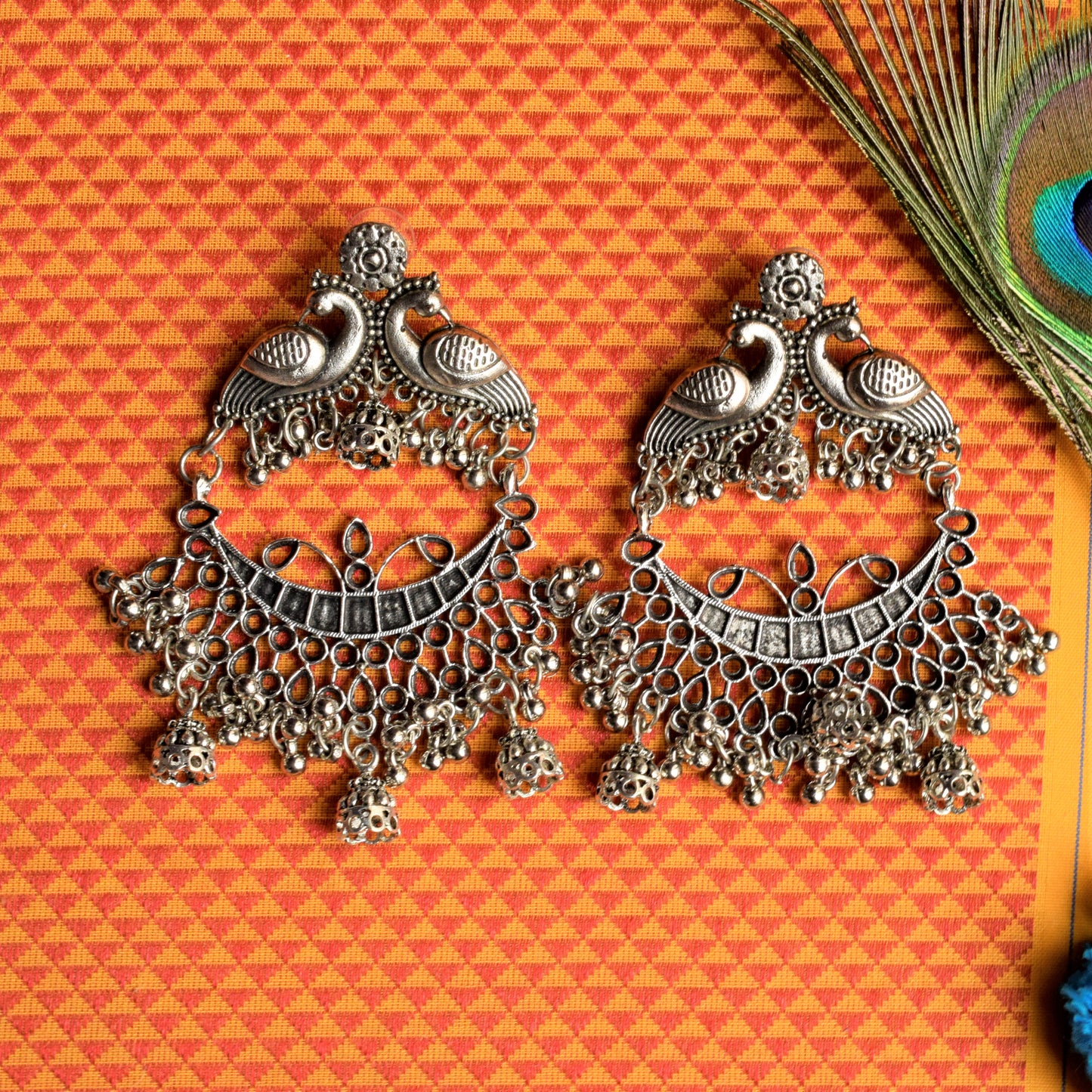Large German Silver and Golden Peacock Chandbali