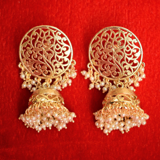 Matt Gold Carved Jhumka Earring - GlitterGleam