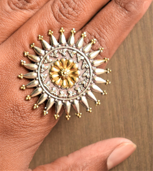 Dual Tone Floral Tulip German Silver Finger Ring - GlitterGleam