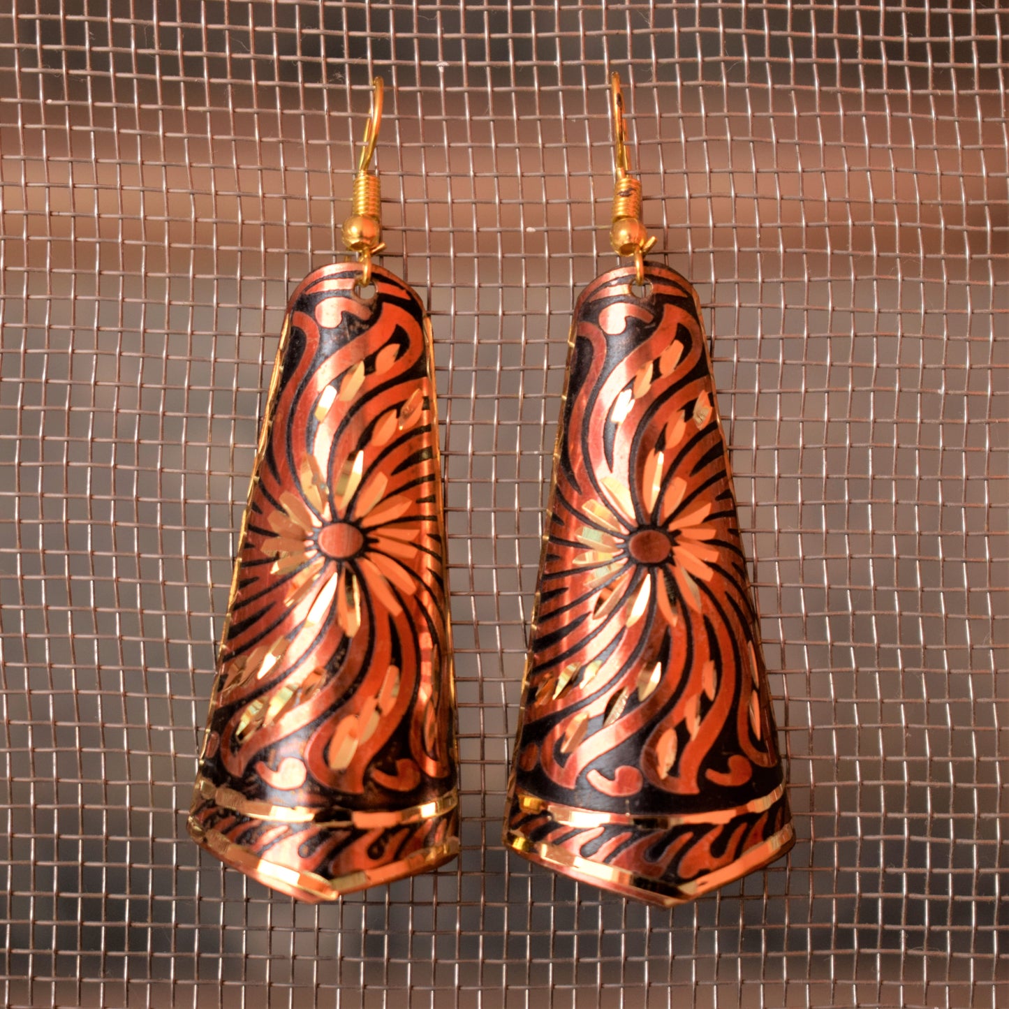 Long Shaded Carved Metal Danglers - GlitterGleam