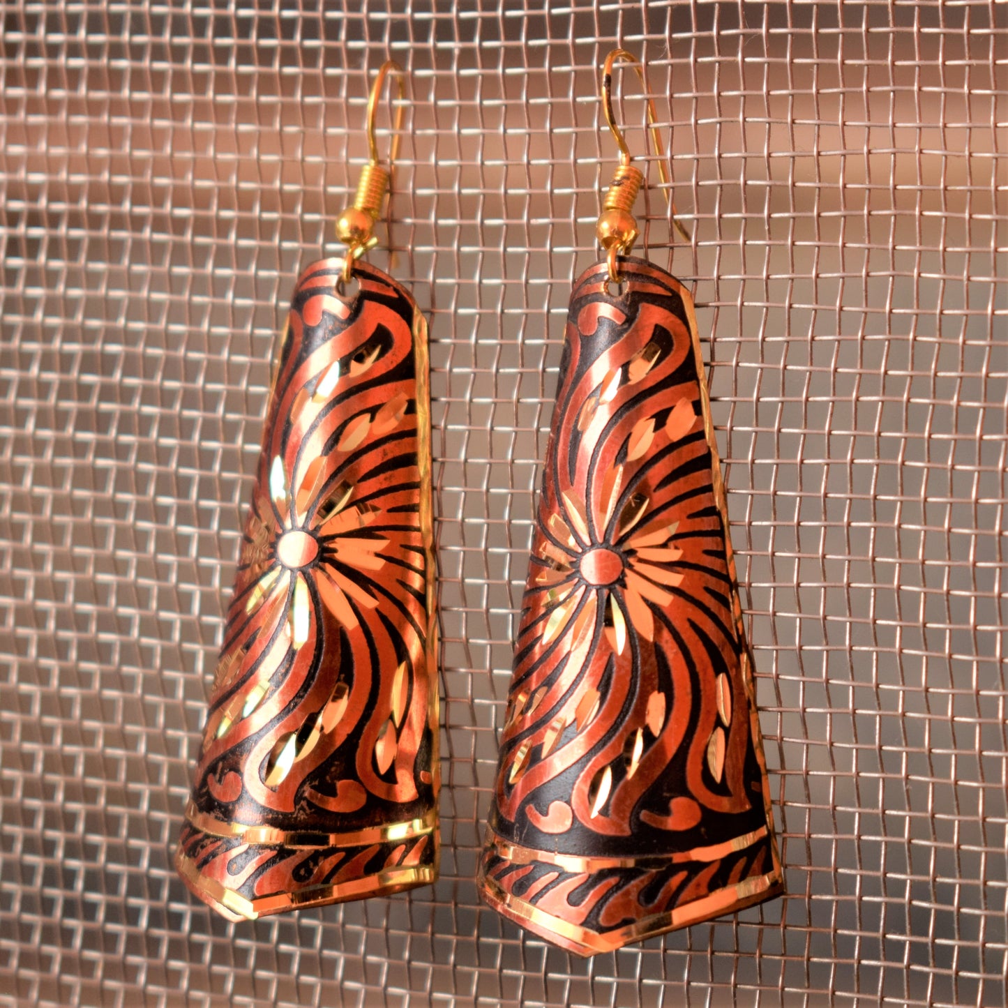 Long Shaded Carved Metal Danglers - GlitterGleam
