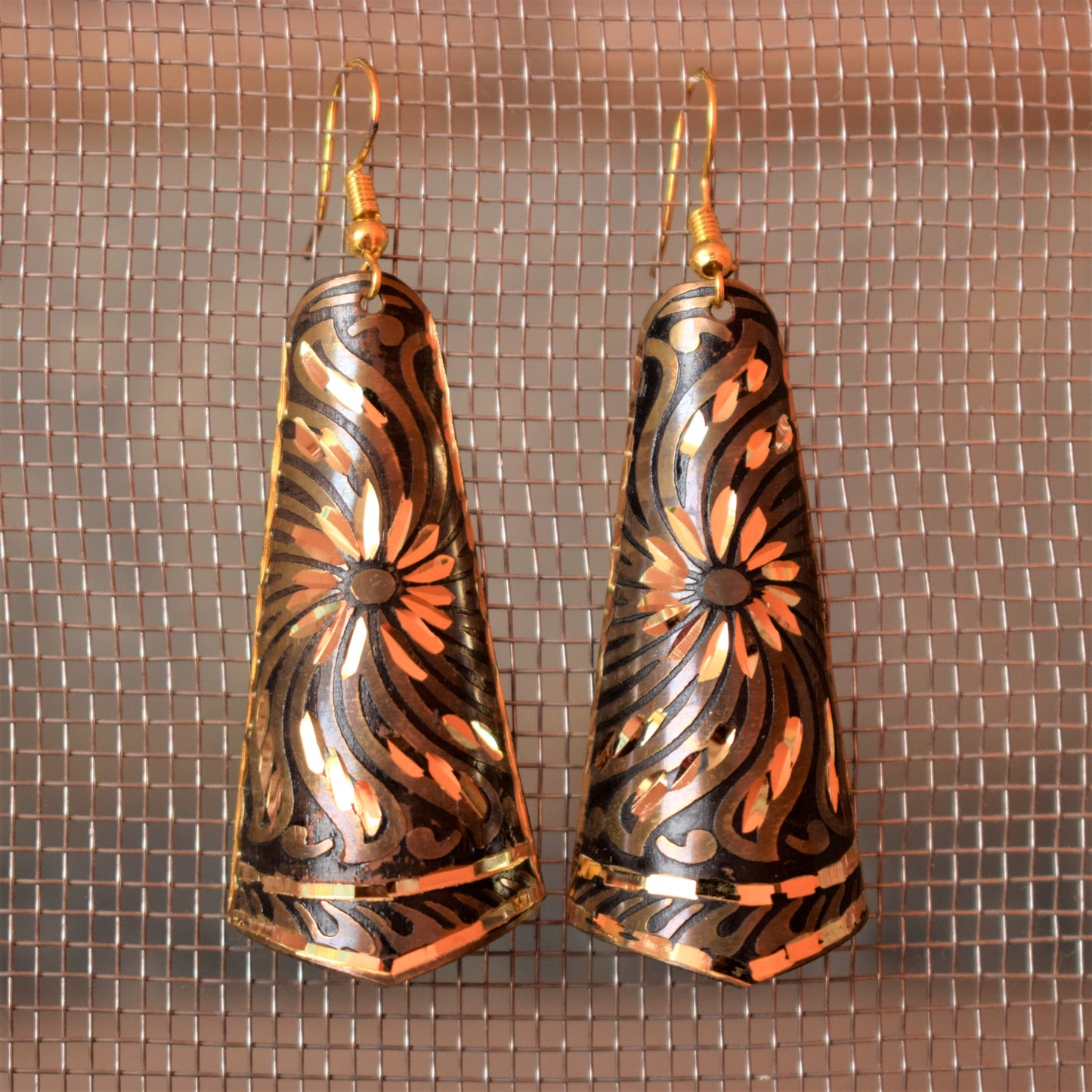 Long Shaded Carved Metal Danglers - GlitterGleam