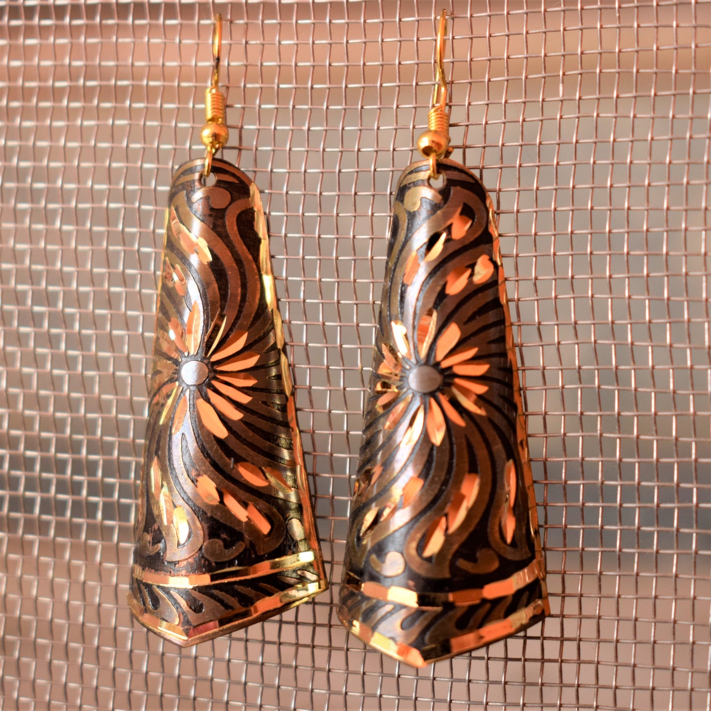 Long Shaded Carved Metal Danglers - GlitterGleam
