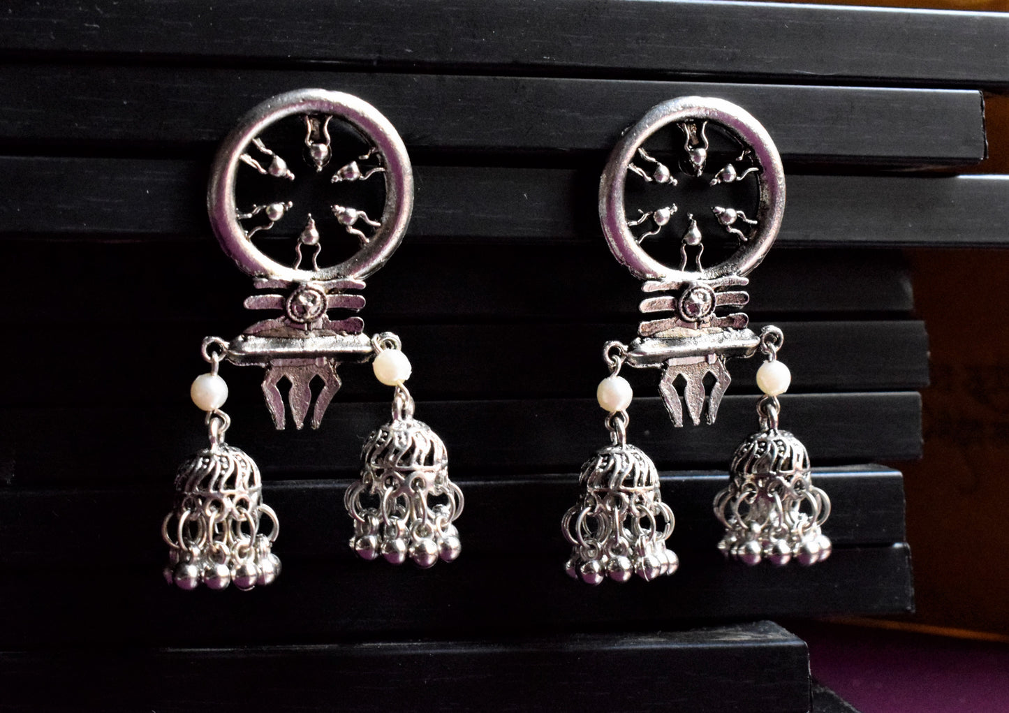 German Silver Trishul Chakra Jhumka