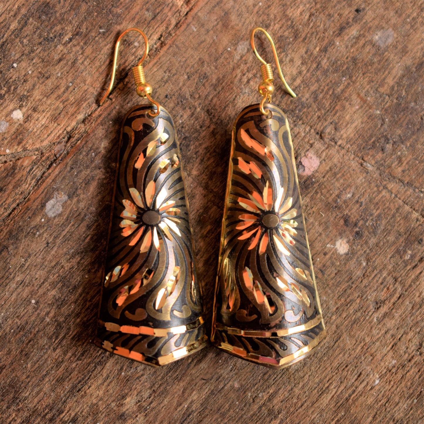 Long Shaded Carved Metal Danglers - GlitterGleam