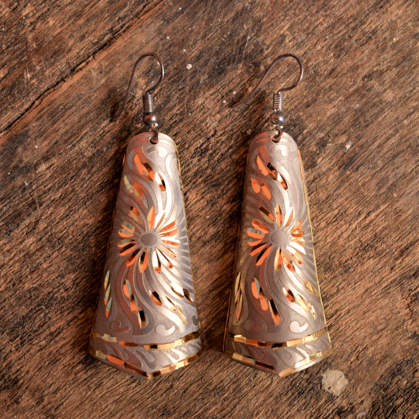 Long Shaded Carved Metal Danglers - GlitterGleam