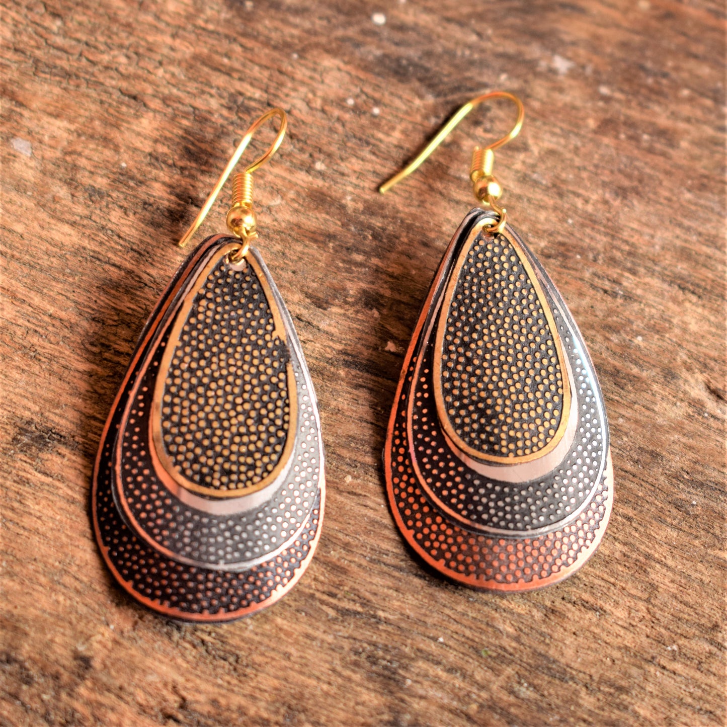 Drop Shaped Trishaded Carved Metal Danglers - GlitterGleam
