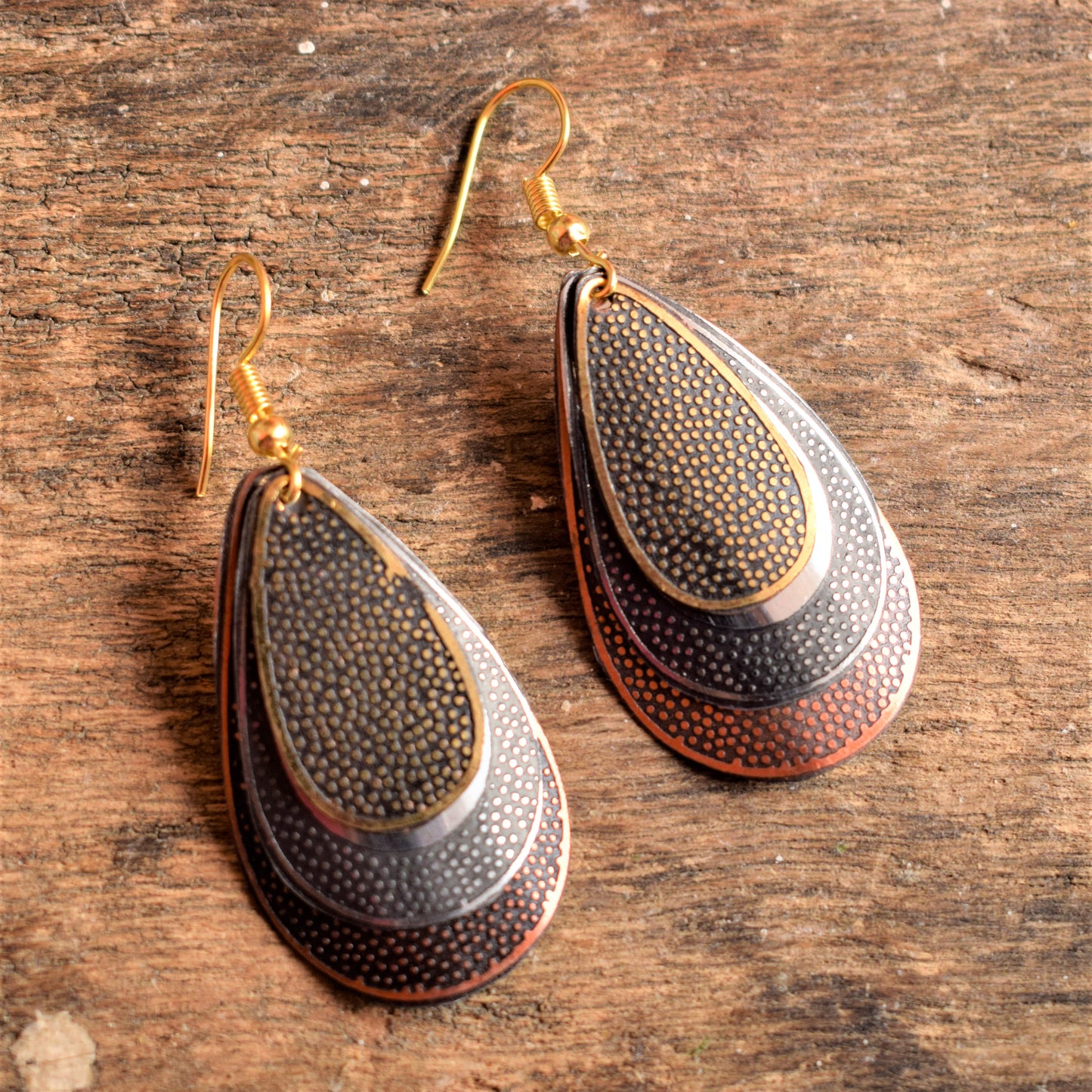 Drop Shaped Trishaded Carved Metal Danglers - GlitterGleam