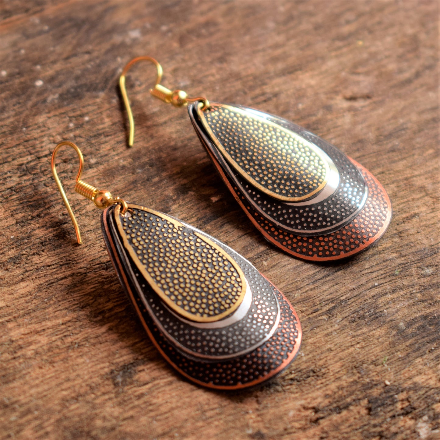 Drop Shaped Trishaded Carved Metal Danglers - GlitterGleam