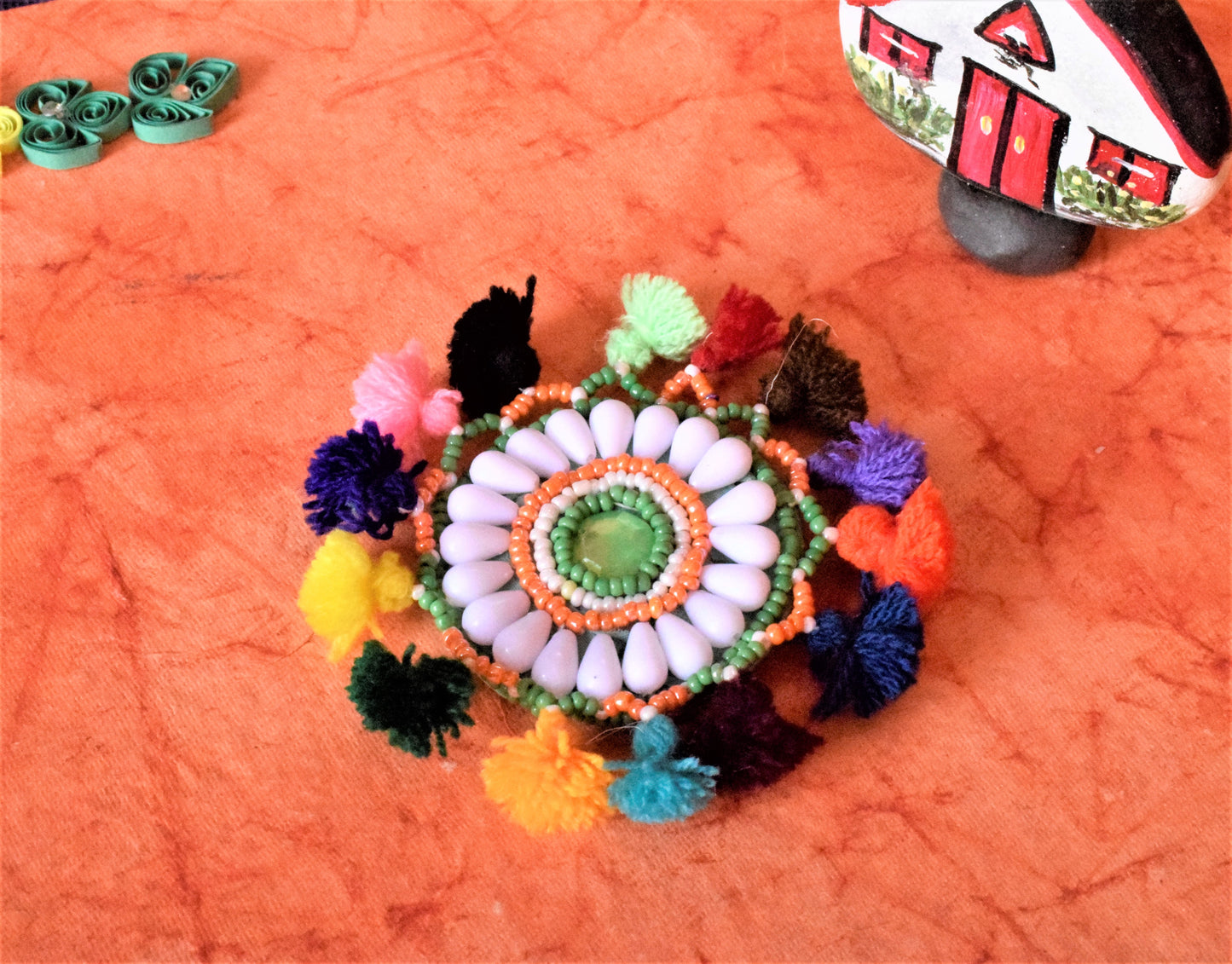 Multicolored Floral Bead Pom Pom Hair Clip