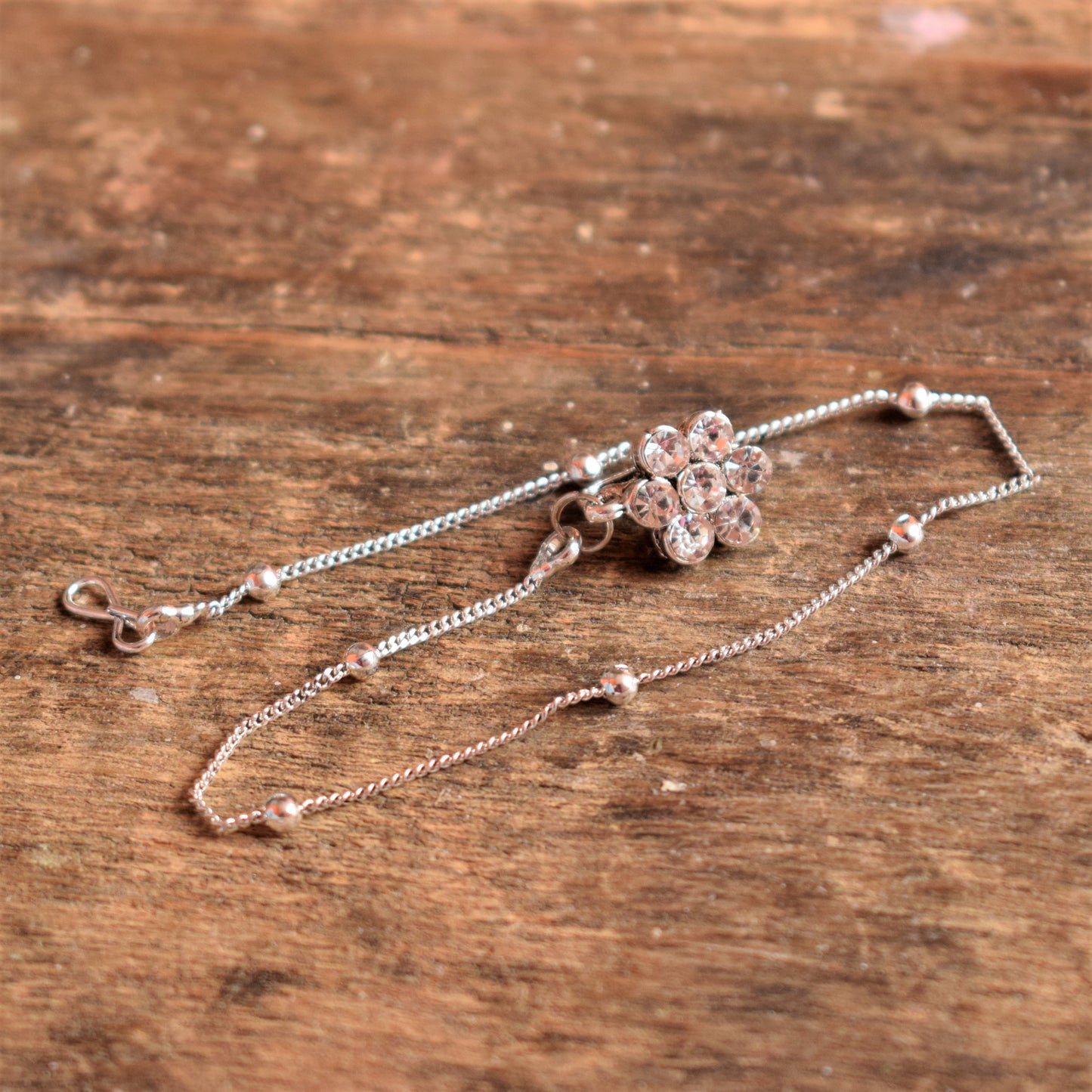 Silver Oxidized Crystal Flower Hook Nose Push Pin - GlitterGleam