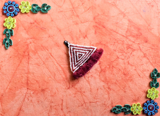Triangular Maroon and White Bead Pom Pom Hair Clip