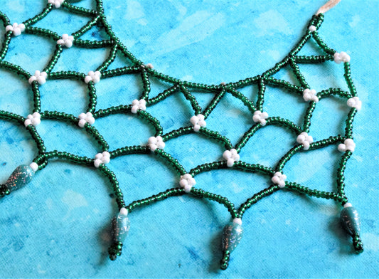 Green and Yellow Bead Fish Net Crochet Choker Necklace