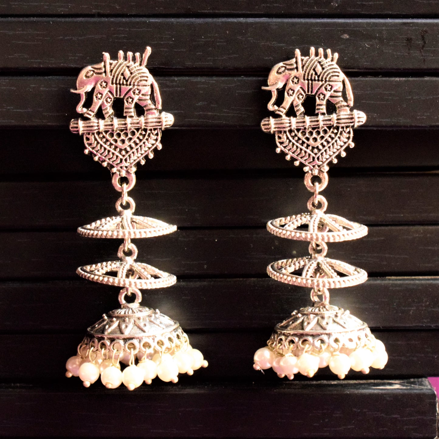 Silver Oxidised Elephant Chatri Jhumka