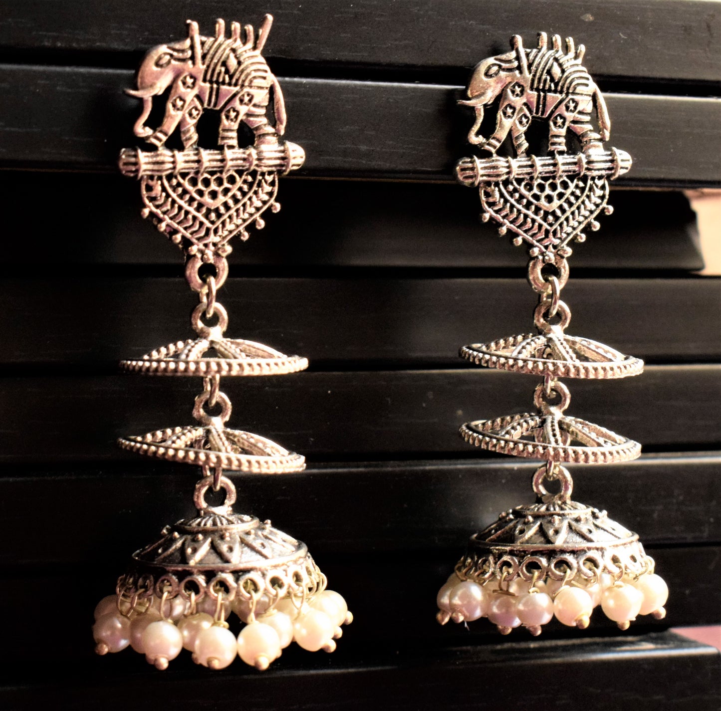 Silver Oxidised Elephant Chatri Jhumka