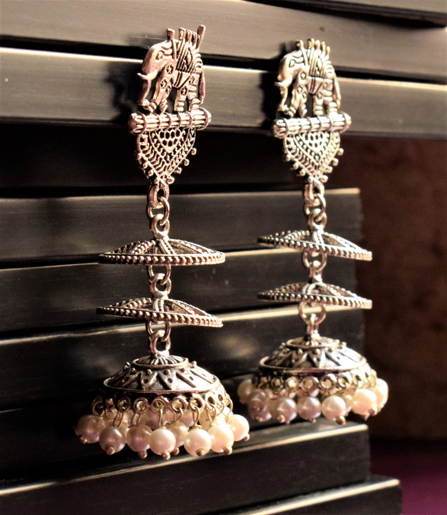Silver Oxidised Elephant Chatri Jhumka