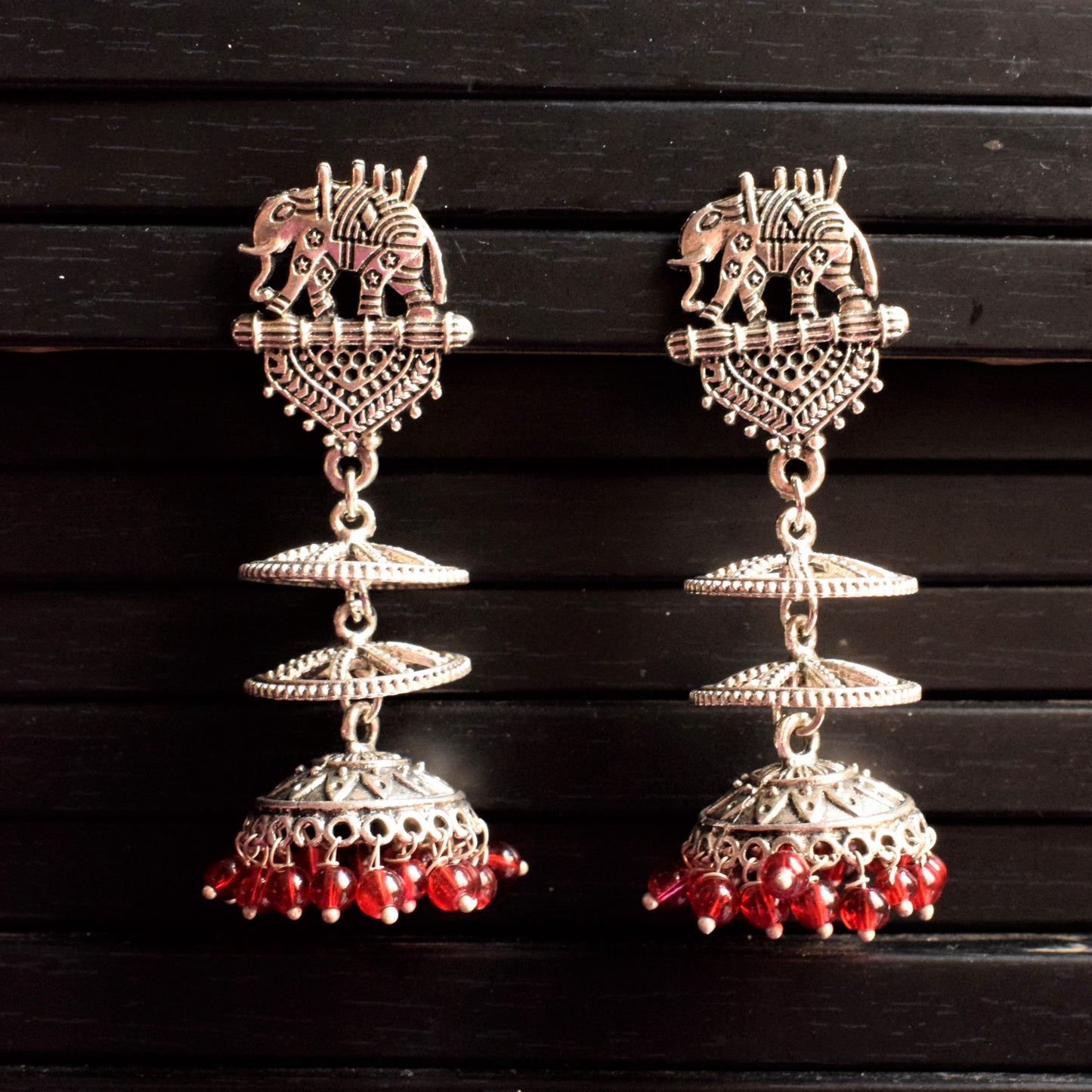 Silver Oxidised Elephant Chatri Jhumka