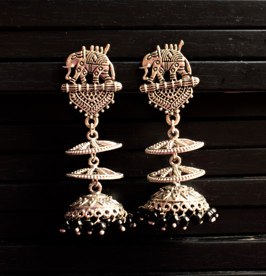 Silver Oxidised Elephant Chatri Jhumka