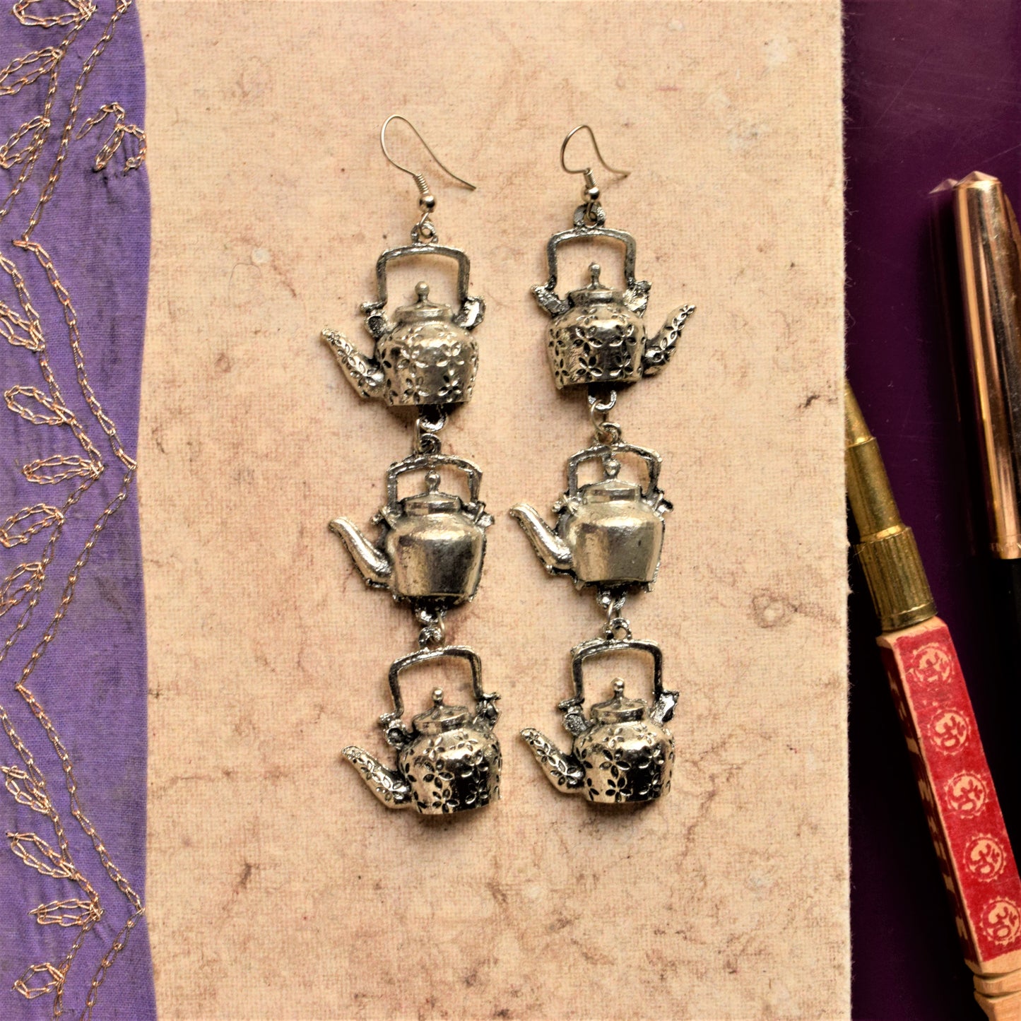 Silver Oxidized Layered Kettle Dangler Earrings