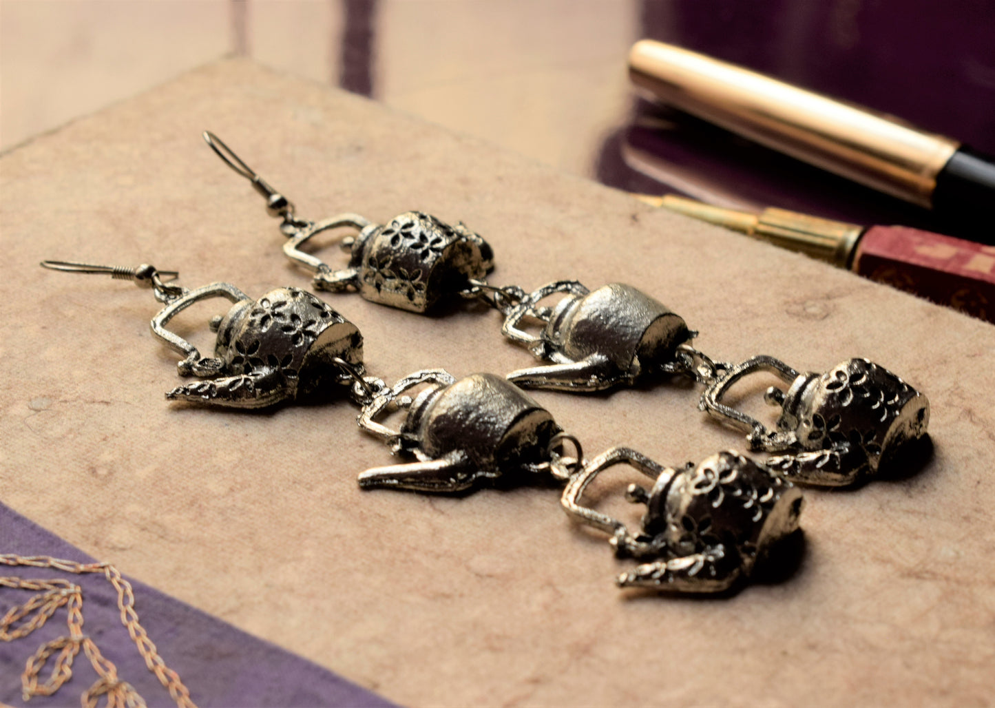 Silver Oxidized Layered Kettle Dangler Earrings