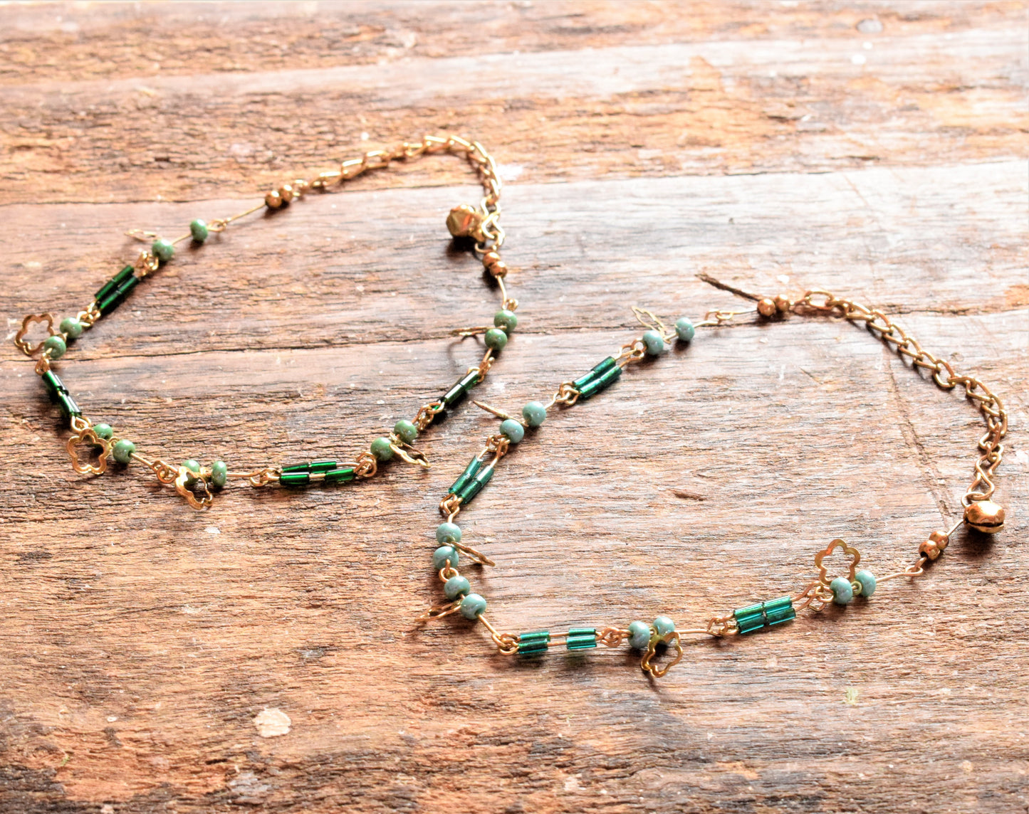 Golden and Green Bead Anklet with Floral Hanging - GlitterGleam