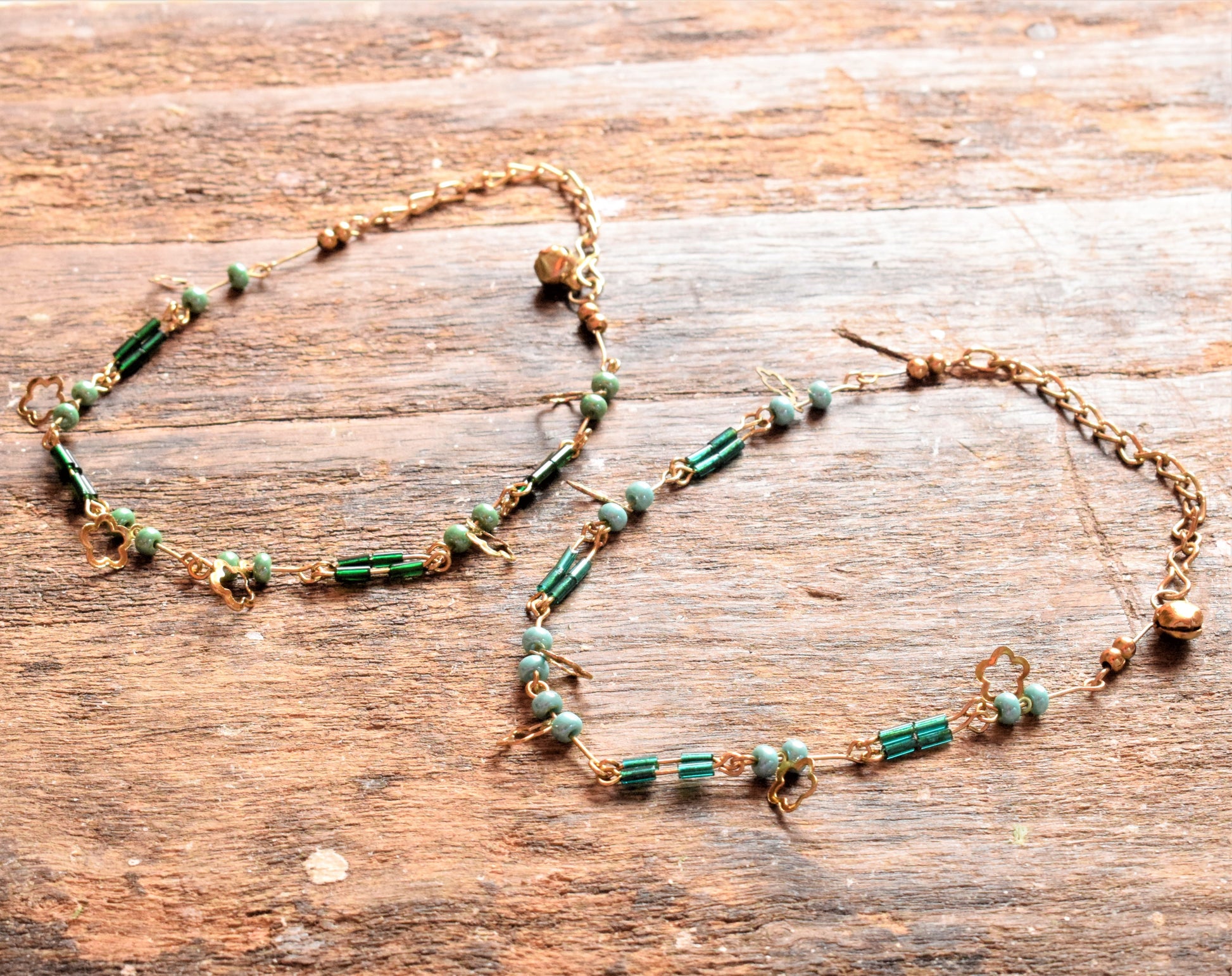 Golden and Green Bead Anklet with Floral Hanging - GlitterGleam