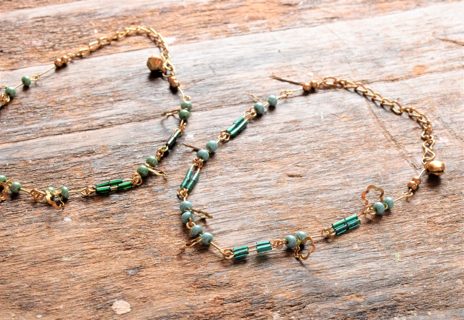 Golden and Green Bead Anklet with Floral Hanging - GlitterGleam