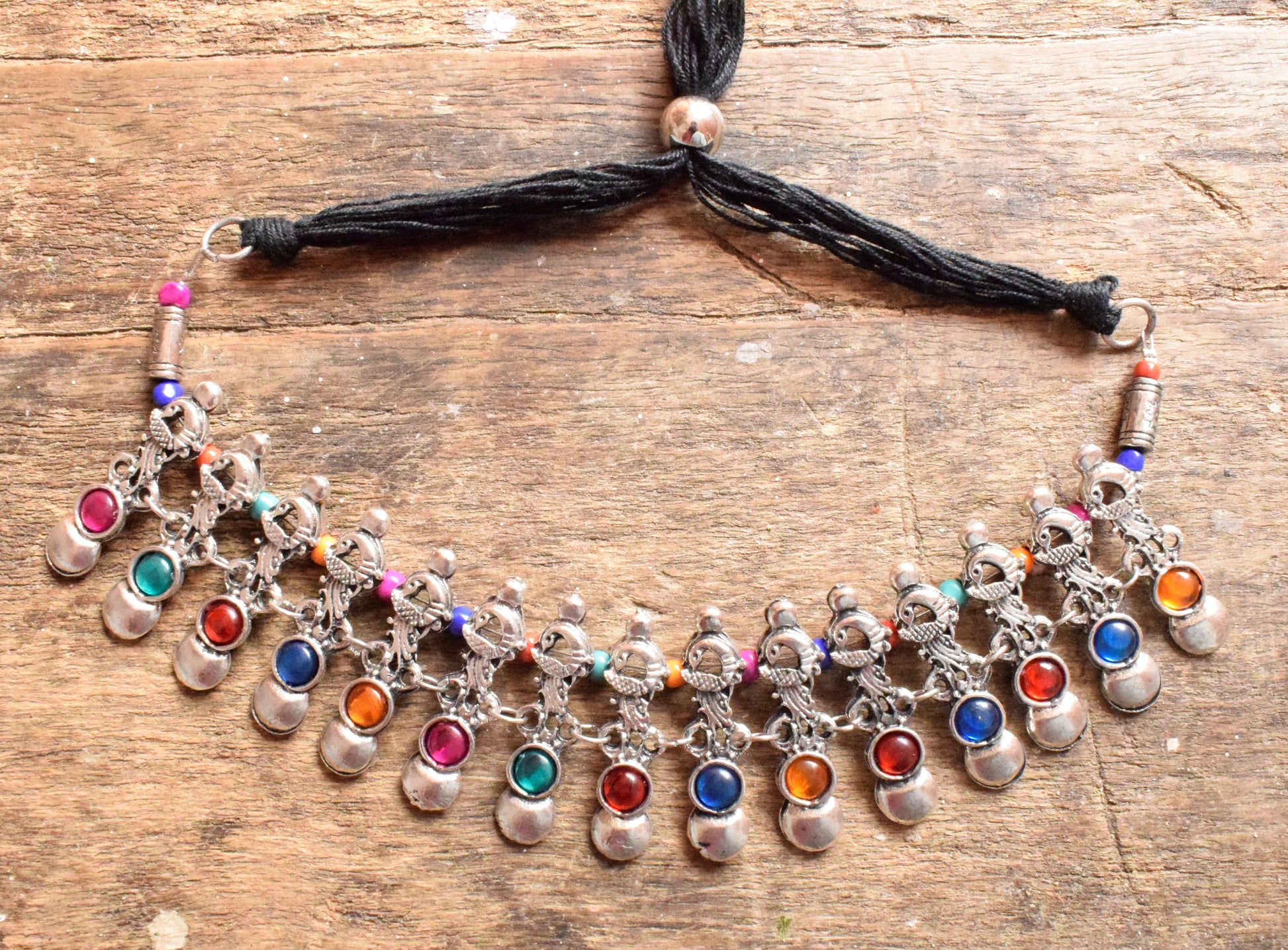 Designer Gemstone Silver Oxidised Peacock Thread Choker Necklace - GlitterGleam