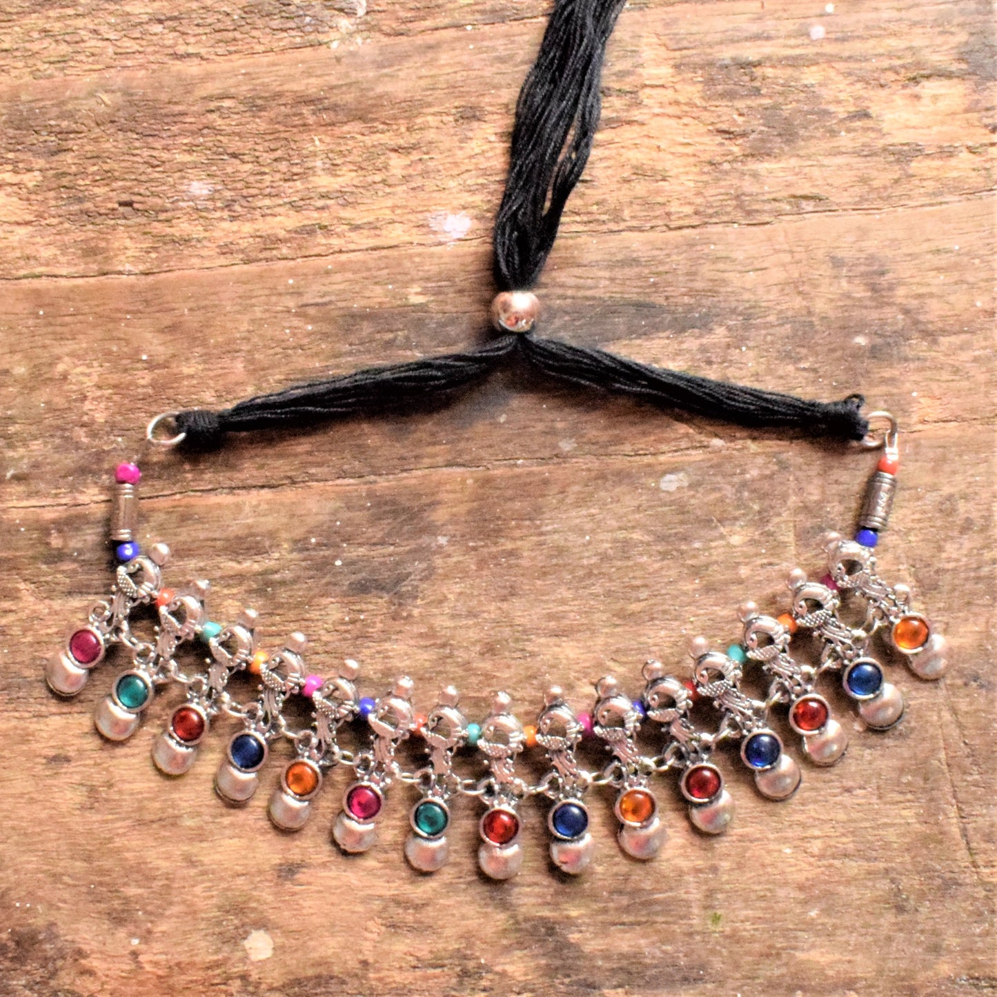 Designer Gemstone Silver Oxidised Peacock Thread Choker Necklace - GlitterGleam