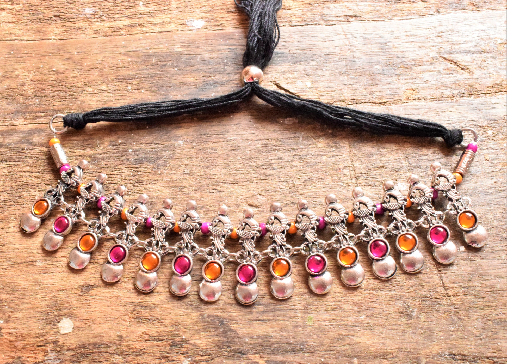 Designer Gemstone Silver Oxidised Peacock Thread Choker Necklace - GlitterGleam