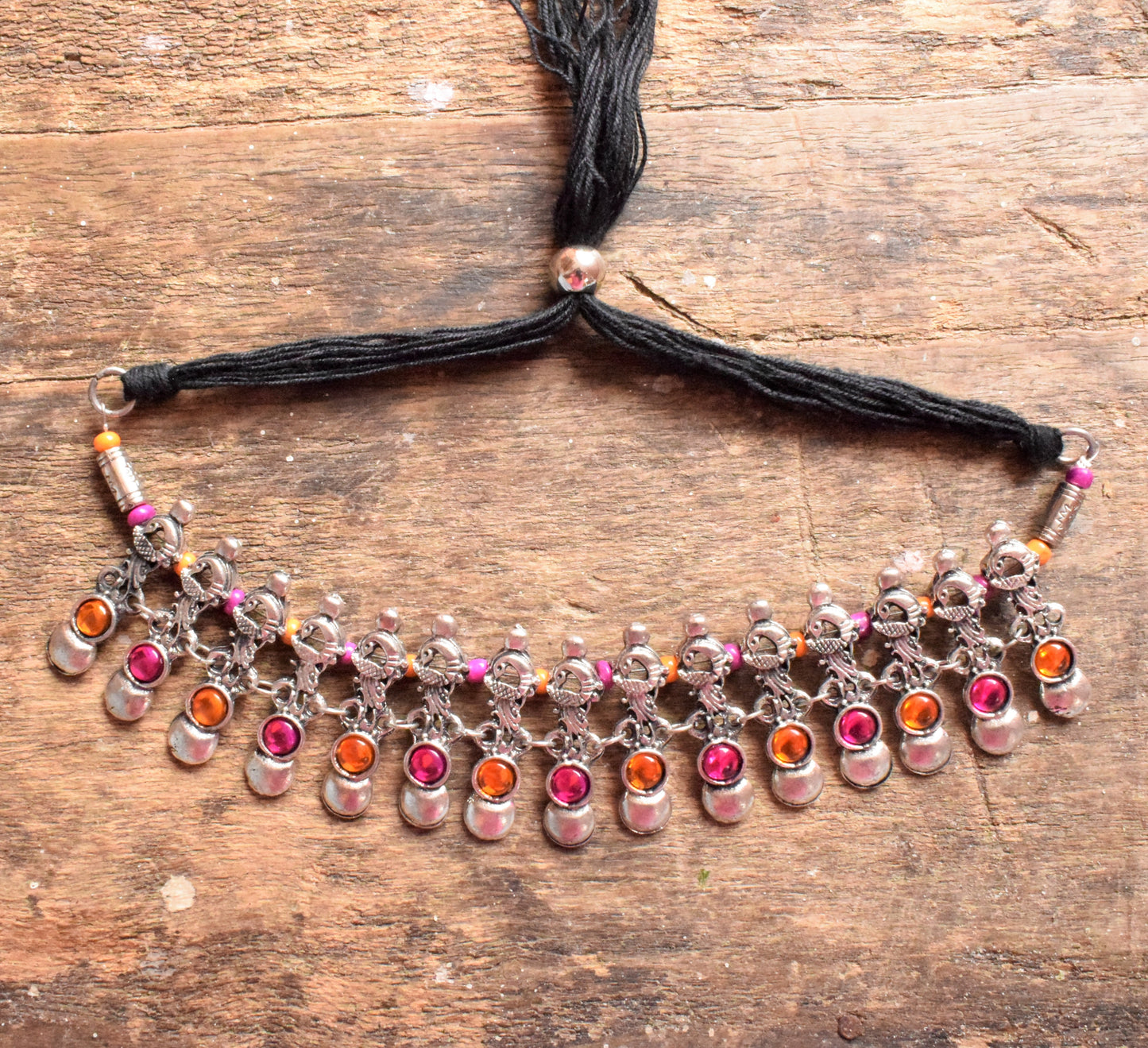 Designer Gemstone Silver Oxidised Peacock Thread Choker Necklace - GlitterGleam
