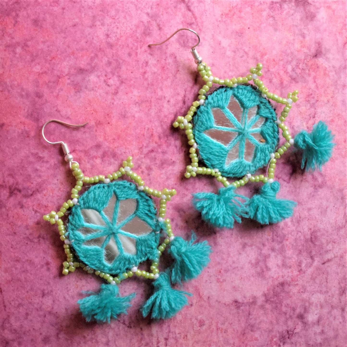 Mirror Green Bead Pom-Pom Earrings