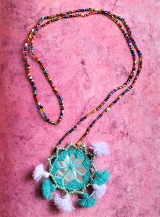 Green Mirror Pom Pom Bead Necklace