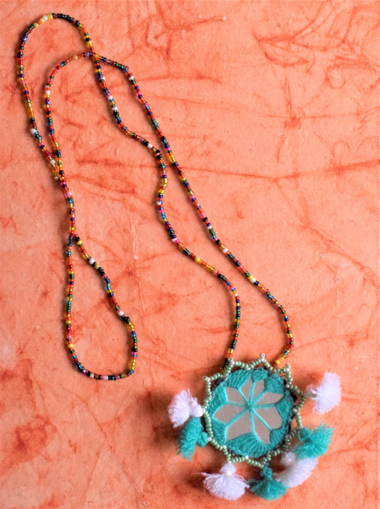 Green Mirror Pom Pom Bead Necklace
