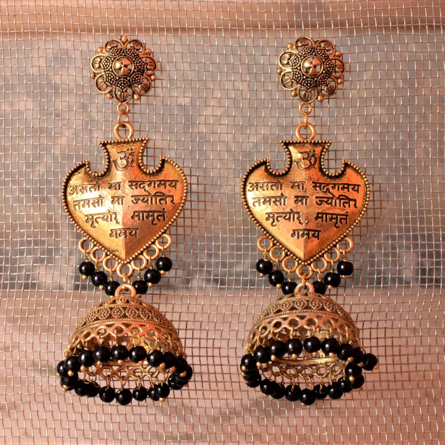 'असतो मा सद्गमय' Mantra Golden Oxidised Scripted Earrings - GlitterGleam