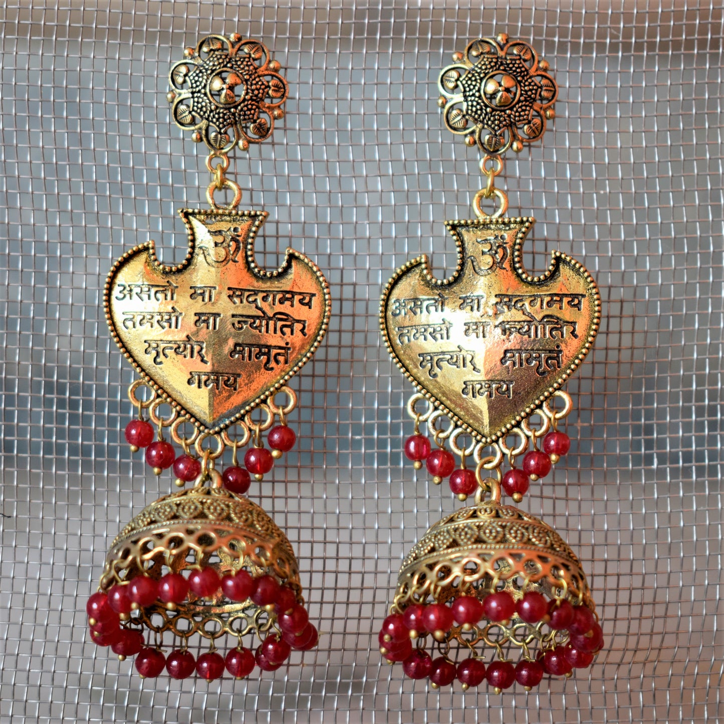 'असतो मा सद्गमय' Mantra Golden Oxidised Scripted Earrings - GlitterGleam