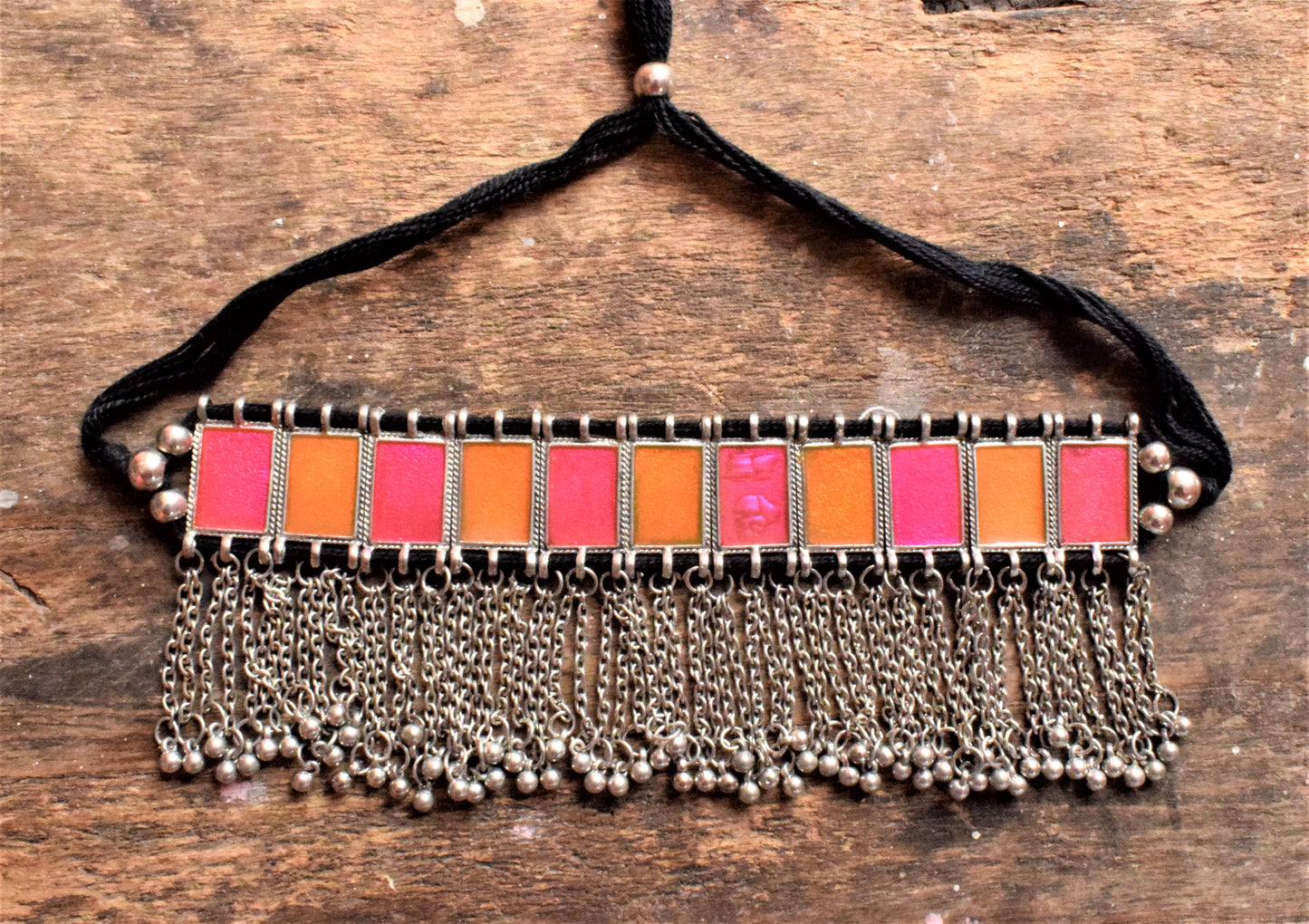 Silver Afghani Enamel Choker Necklace with Chain Tassels - GlitterGleam