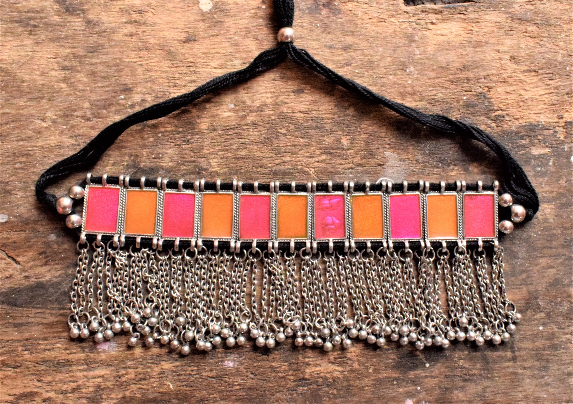 Silver Afghani Enamel Choker Necklace with Chain Tassels - GlitterGleam