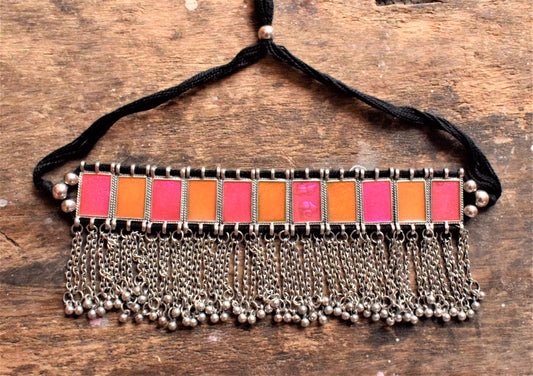 Silver Afghani Enamel Choker Necklace with Chain Tassels - GlitterGleam