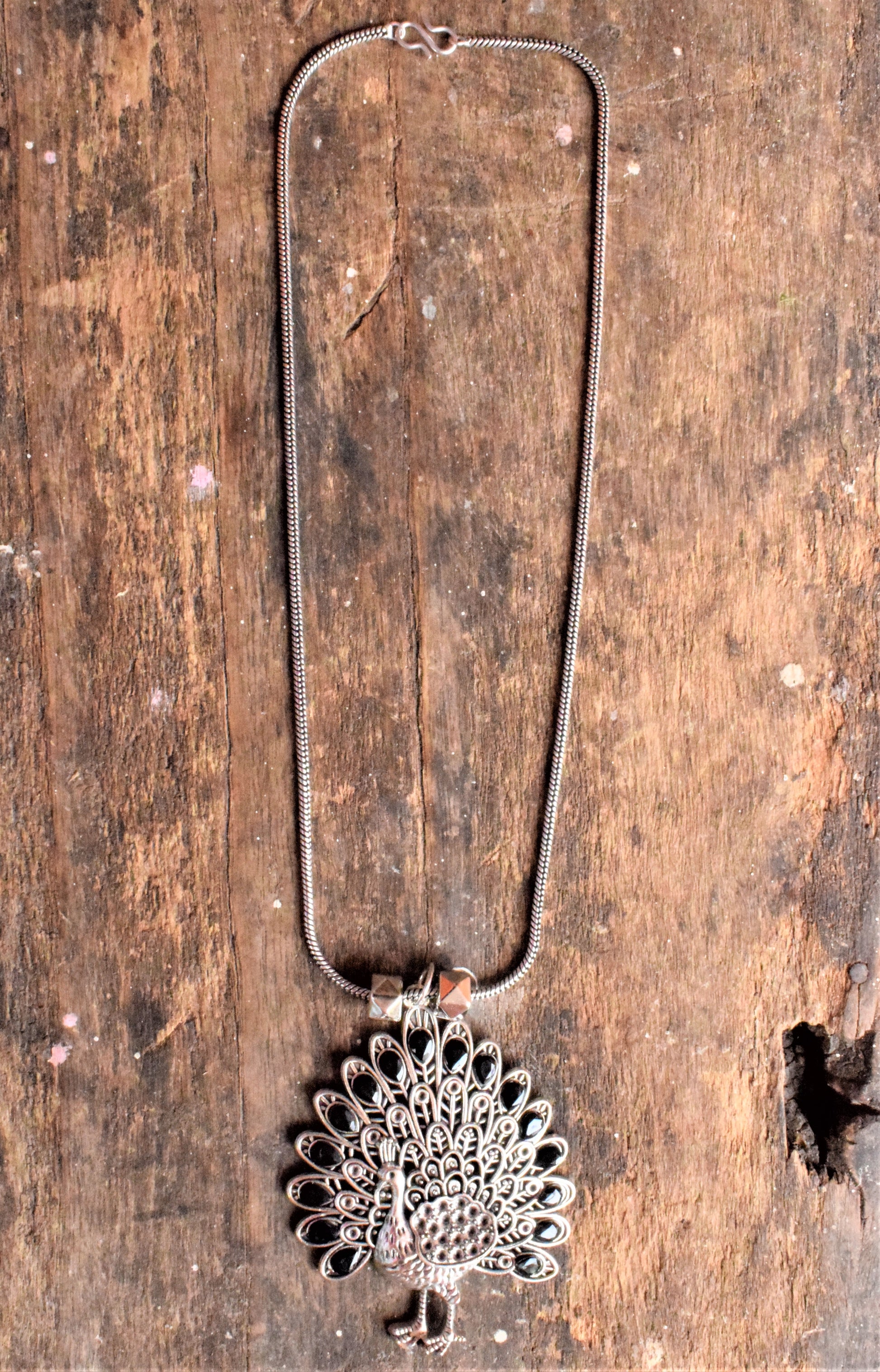 Silver Oxidised Peacock Gemstone Pendant Necklace - GlitterGleam
