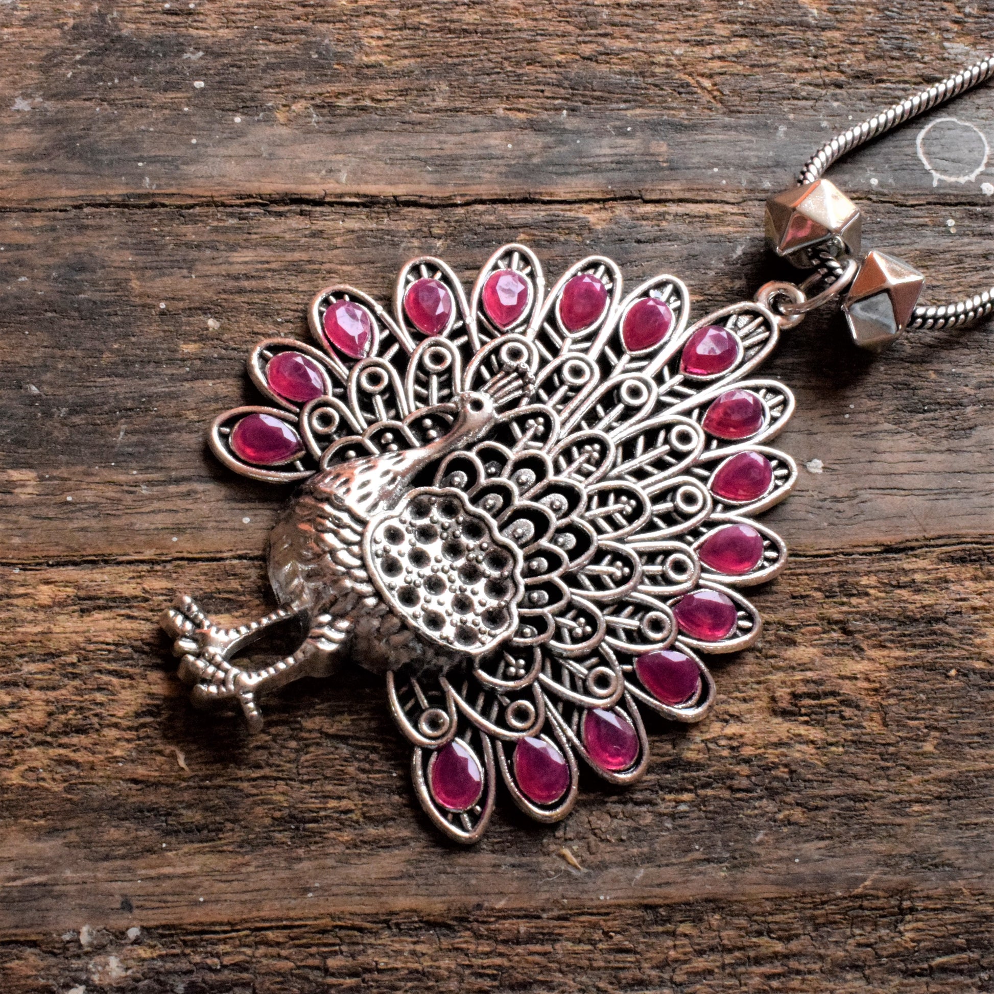 Silver Oxidised Peacock Gemstone Pendant Necklace - GlitterGleam