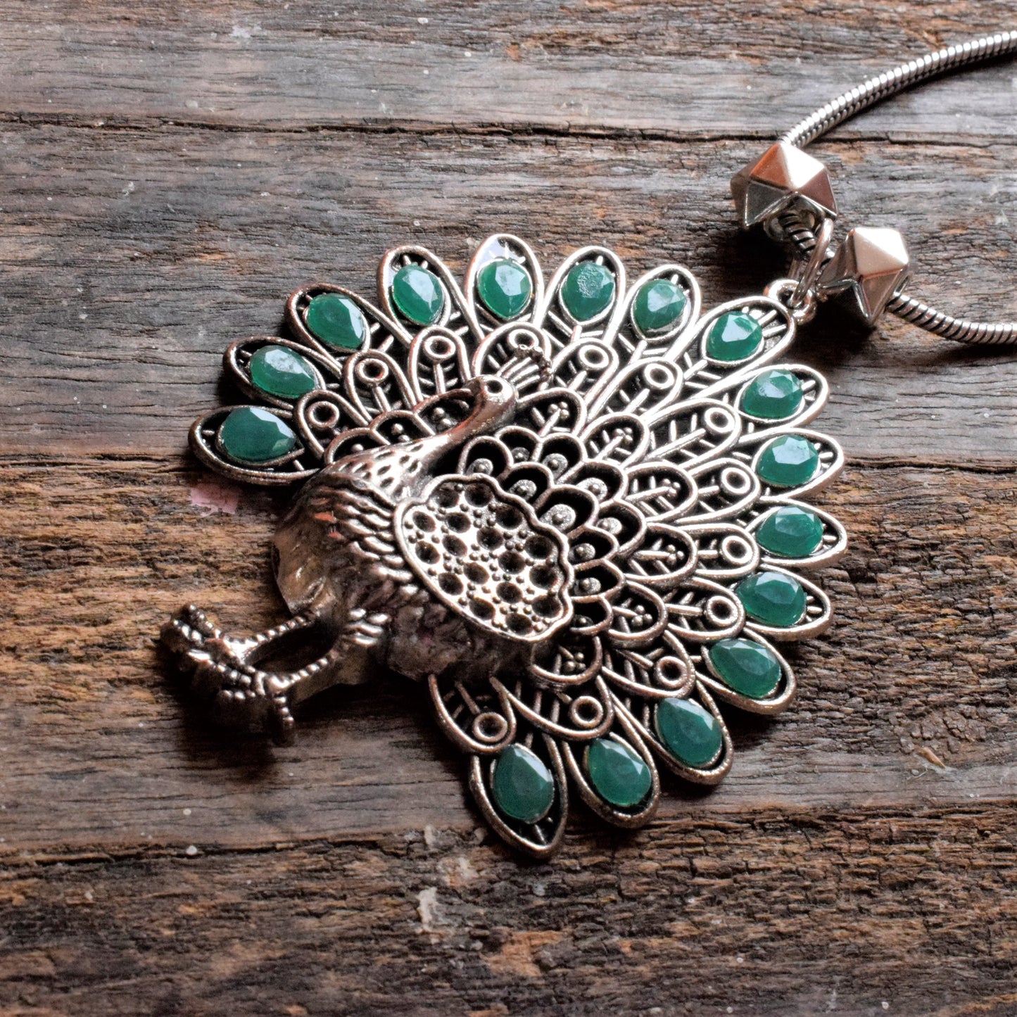 Silver Oxidised Peacock Gemstone Pendant Necklace - GlitterGleam