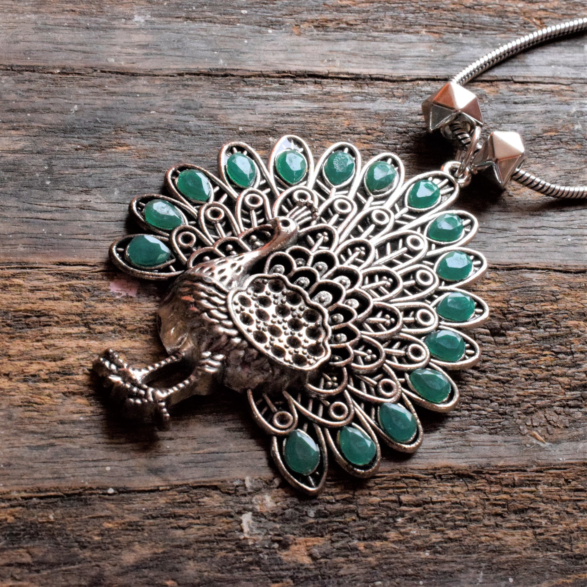Silver Oxidised Peacock Gemstone Pendant Necklace - GlitterGleam