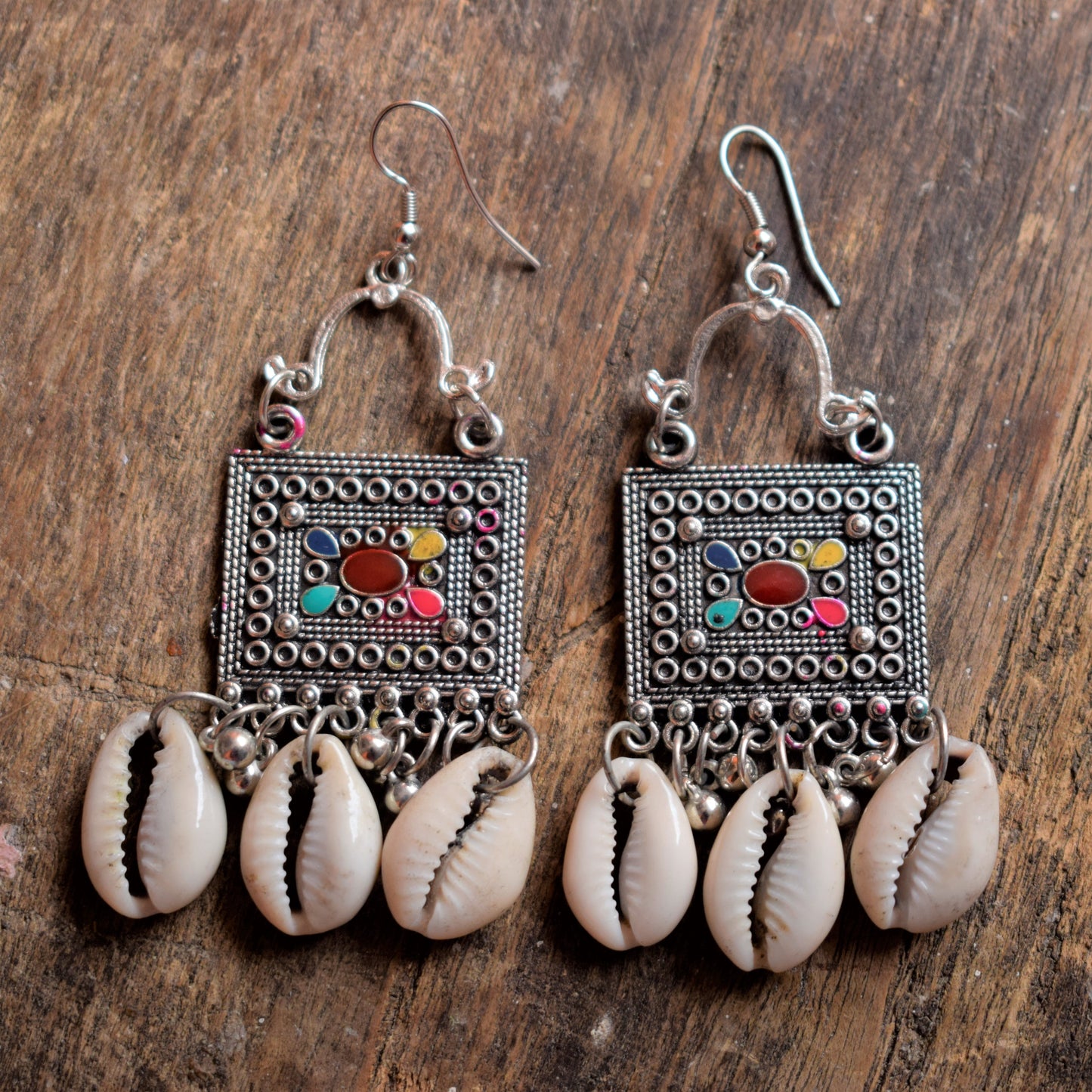 Afghani Seashell Square Danglers - GlitterGleam