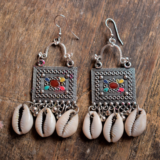 Afghani Seashell Square Danglers - GlitterGleam
