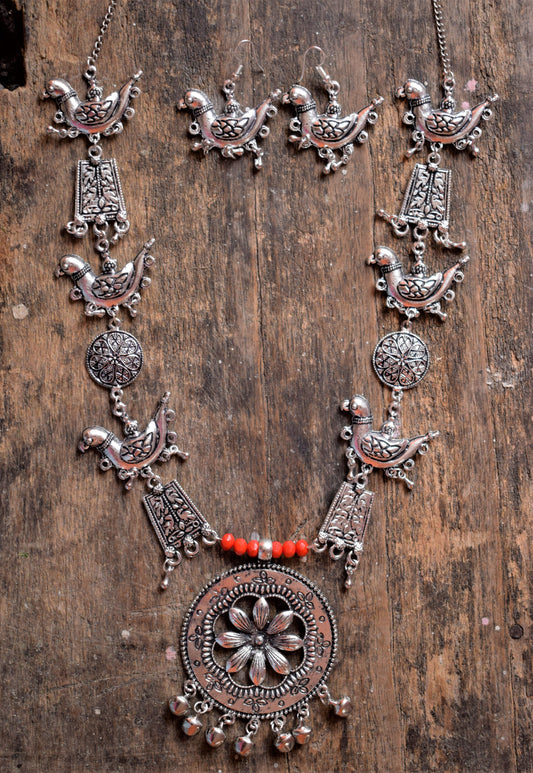 German Silver Bird Flower Pendant Necklace Set - GlitterGleam