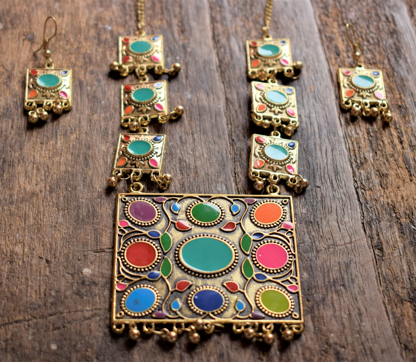 Afghani Square Oxidised Necklace with Earrings - GlitterGleam
