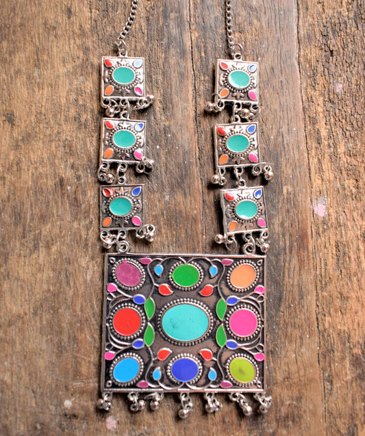 Afghani Square Oxidised Necklace with Earrings - GlitterGleam