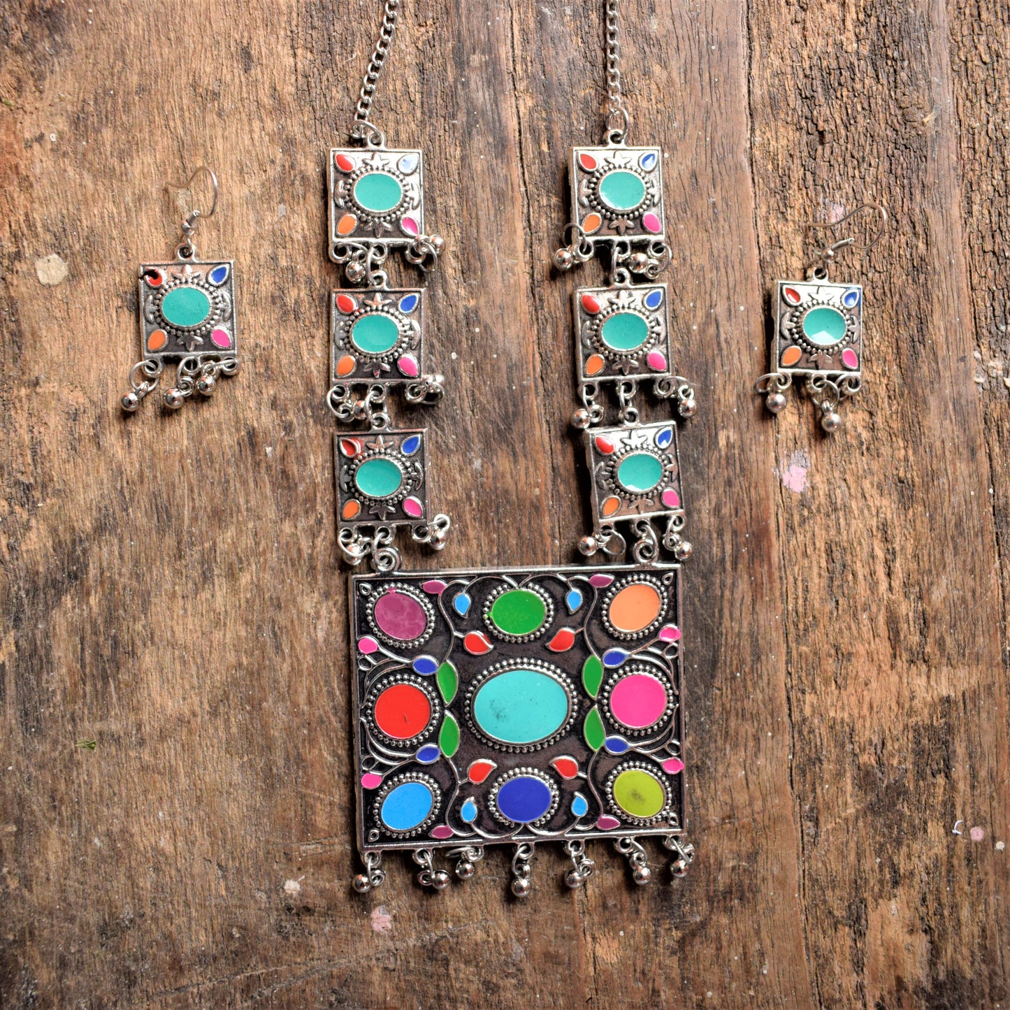 Afghani Square Oxidised Necklace with Earrings - GlitterGleam